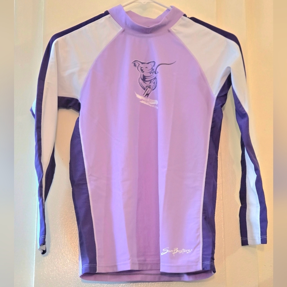 SunBusters UV Protection Purple White Long Sleeve Rash Guard Girls Size 11-12